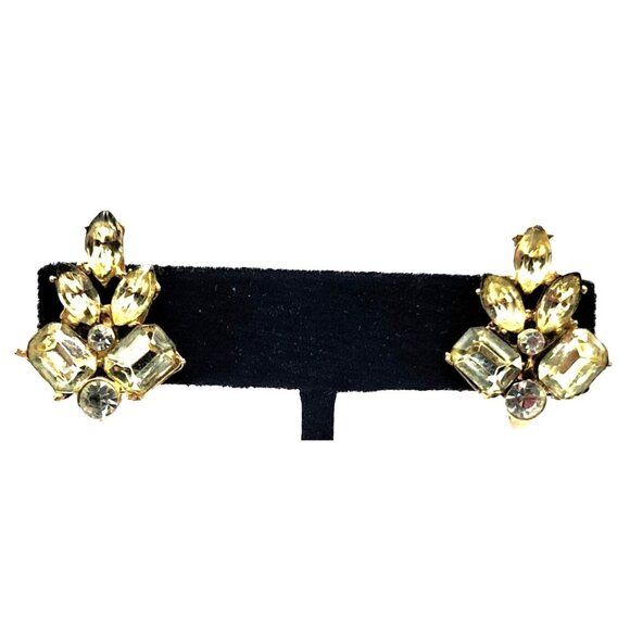 Yellow Rhinestone Earrings Clear Accents Screw Ons Vintage Costume Jewelry - Picture 2 of 6